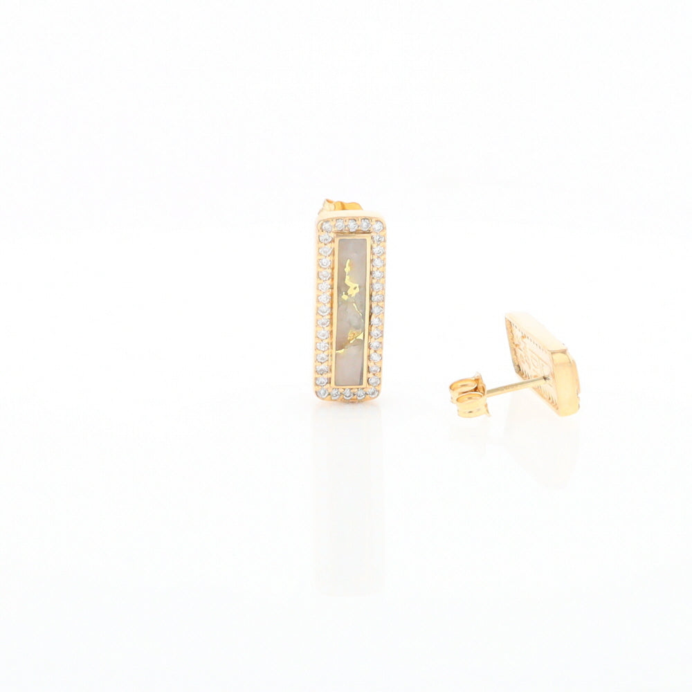 Gold Quartz Earrings Rectangle Inlaid with .50ctw Round Diamonds Halo Design - G2