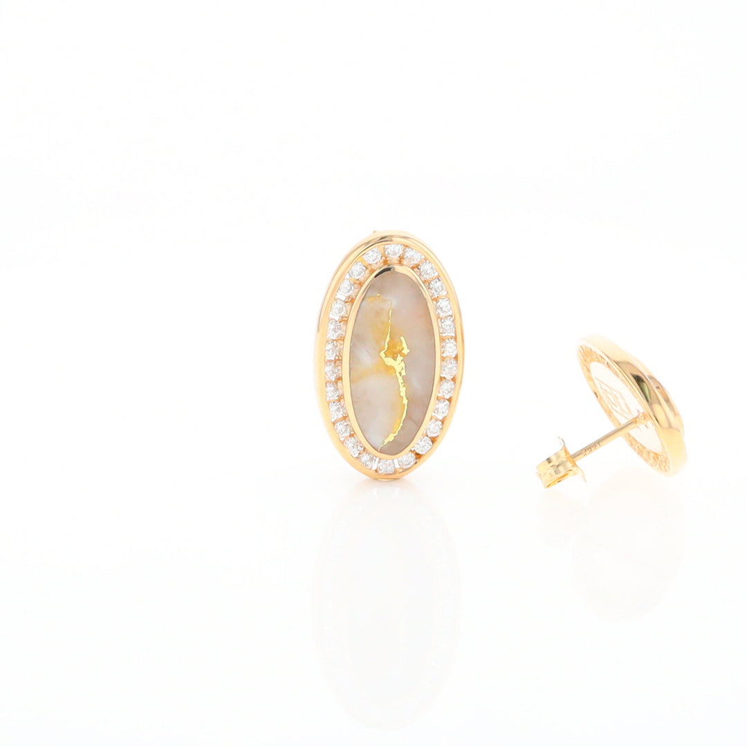 Gold Quartz Earrings Oval Inlaid Design .73ctw Round Diamonds Halo