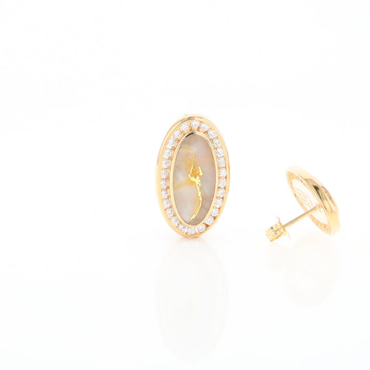 Gold Quartz Earrings Oval Inlaid Design .73ctw Round Diamonds Halo