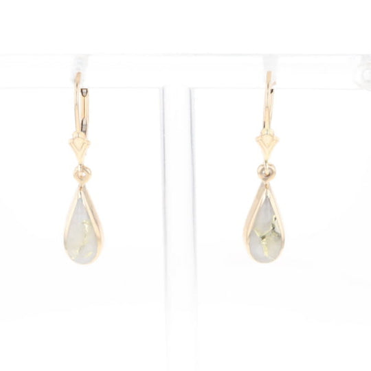 Gold Quartz Earrings Tear Drop Inlaid Lever Backs - G2