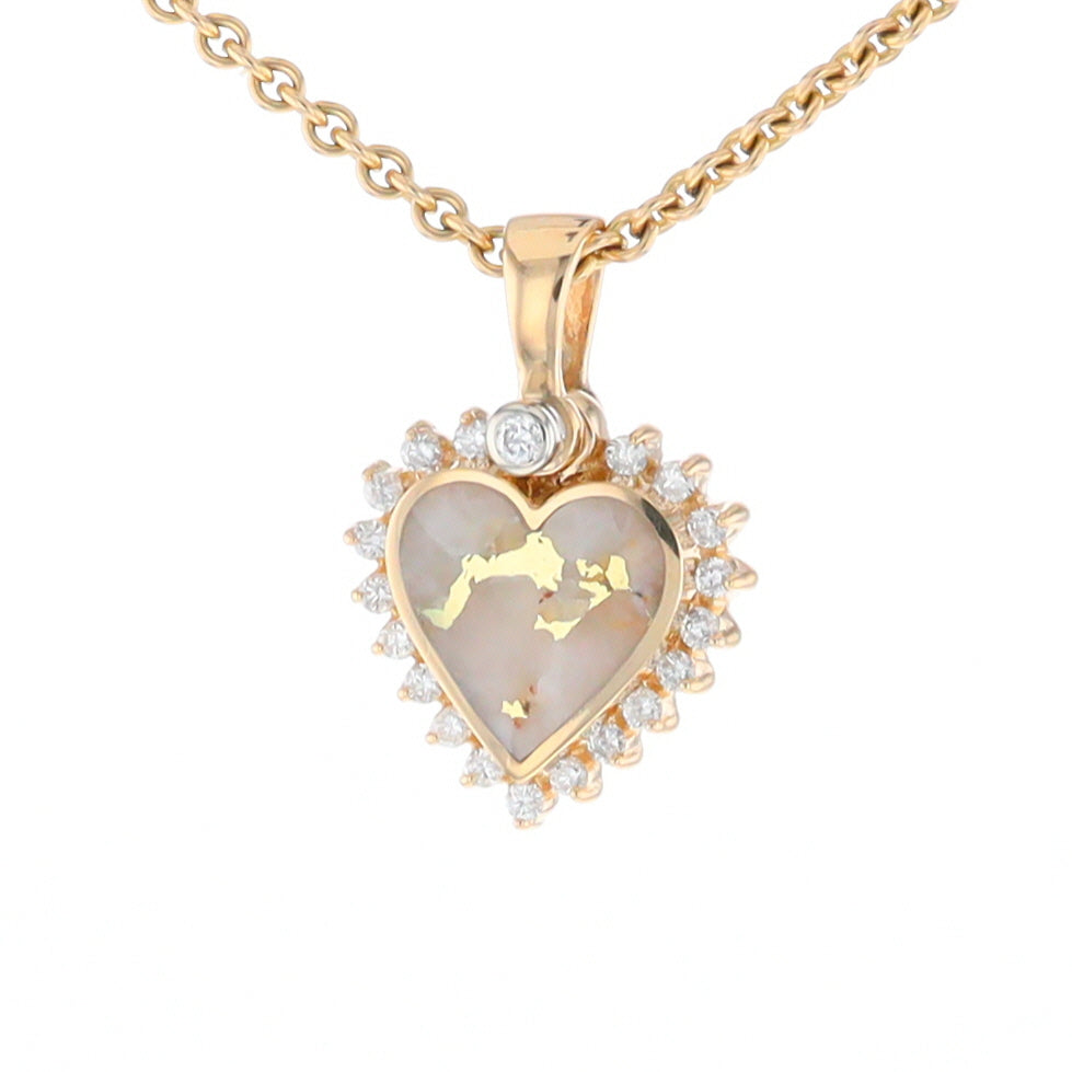 G2 Gold Quartz Pendant Heart Inlaid .21ctw Diamond Halo Design Pendant