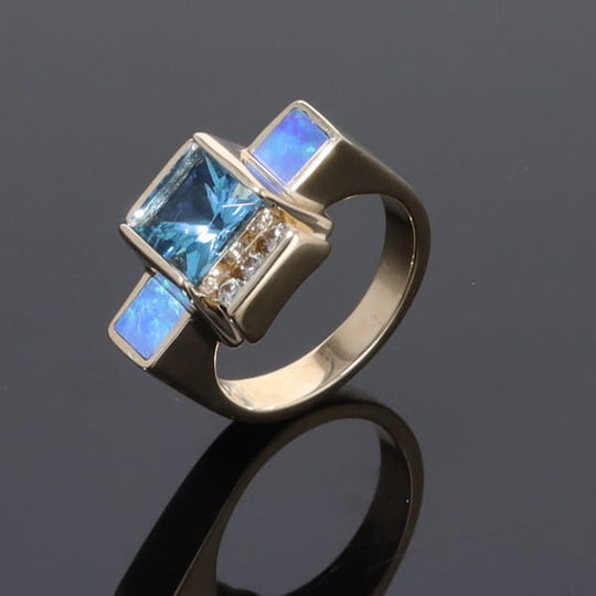 Opal Rings Inlaid Sides Swiss Blue Topaz Center with .24ctw Diamonds