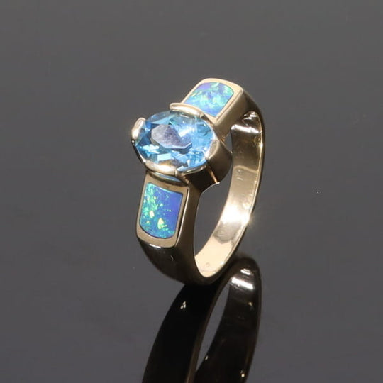 Opal Rings 2 Section Inlaid Design with Oval Swiss Blue Topaz Center