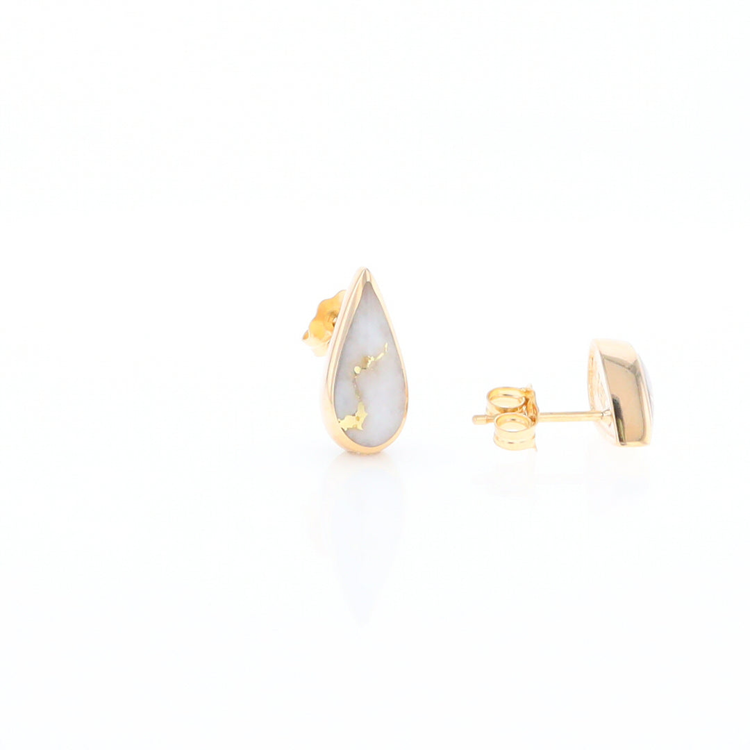 Gold Quartz Earrings Tear Drop Inlaid Studs