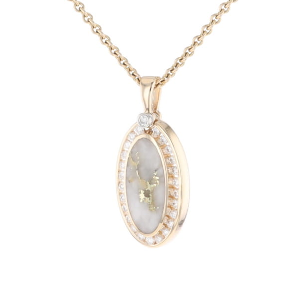Gold Quartz Necklace .37ctw Halo Diamond Oval Inlaid Pendant