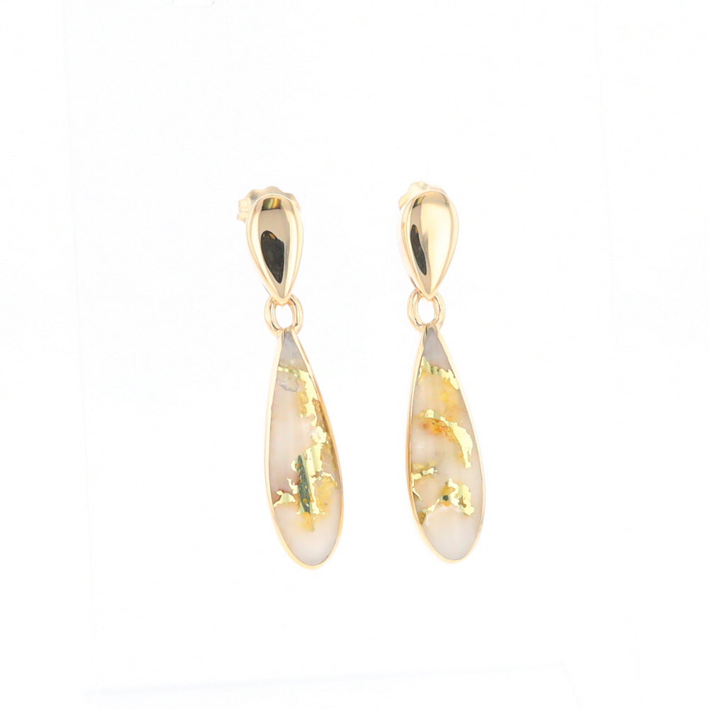 Gold Quartz Earrings Tear Drop Inlaid Design