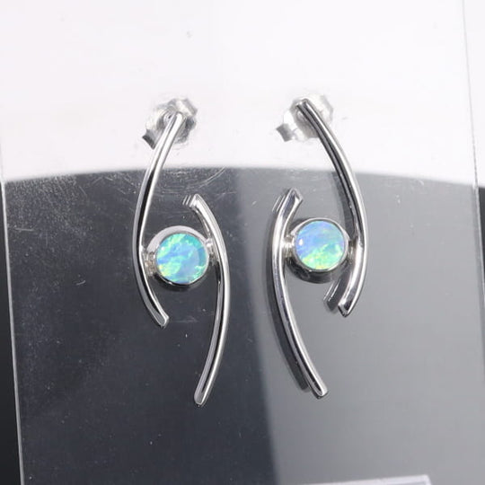 Opal Earrings Round Inlaid Double Curved Bar Design Studs