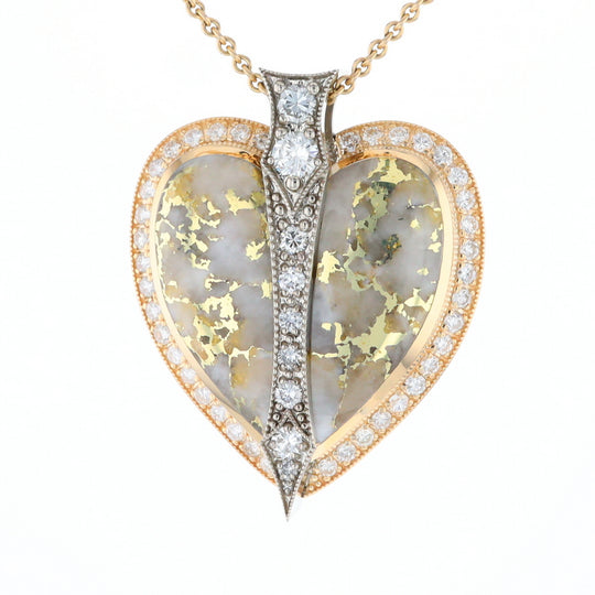 Gold Quartz Necklace Cupid's Revenge 2.24ctw Diamonds Heart Pendant (G1)