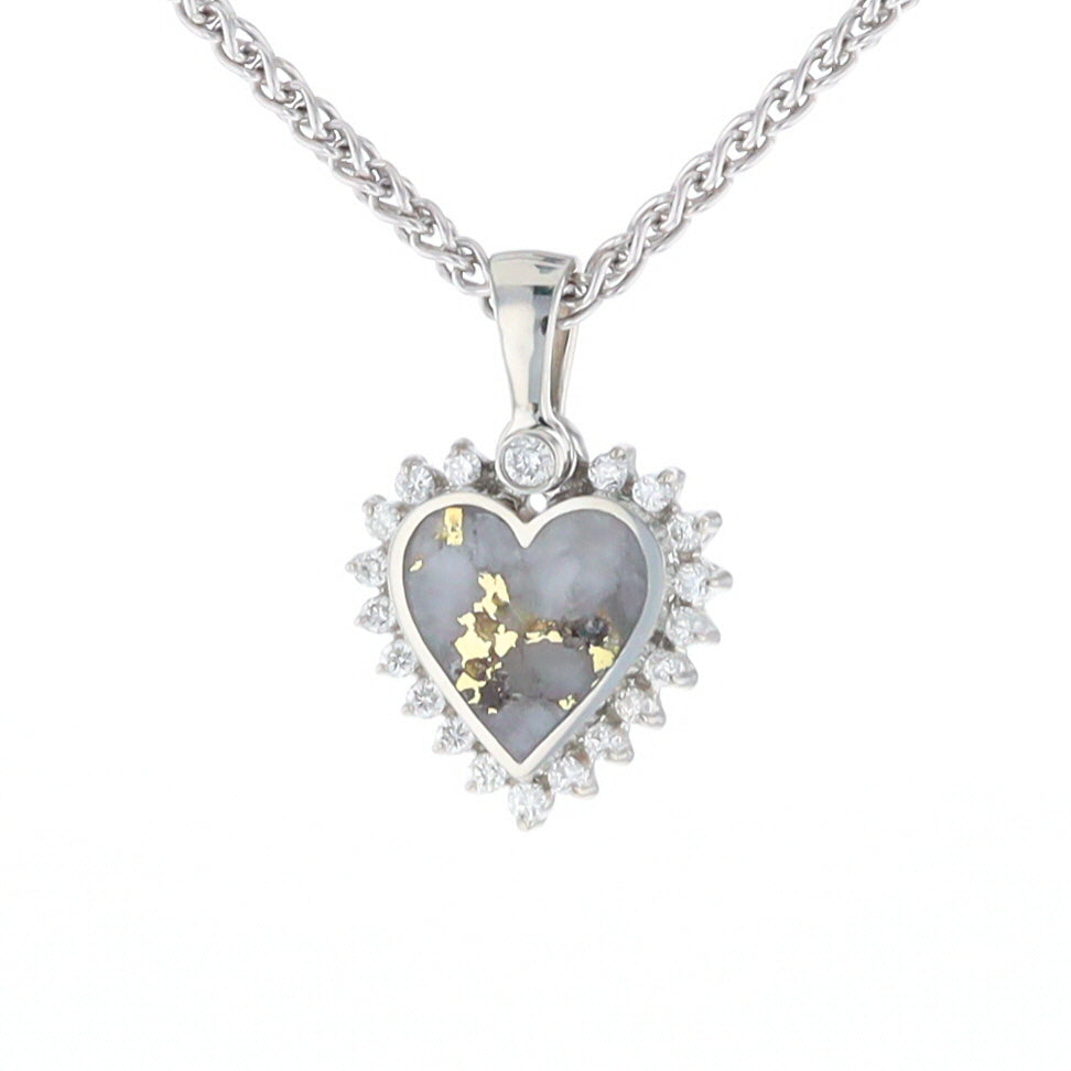 G2 Gold Quartz Pendant Heart Inlaid .21ctw Diamond Halo Design Pendant