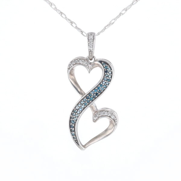 Blue and White Diamond Double Open Heart Pendant with 16" Singapore Chain