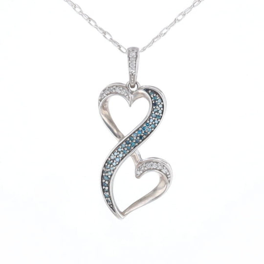 Blue and White Diamond Double Open Heart Pendant with 16" Singapore Chain