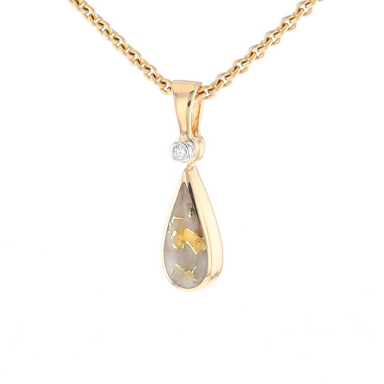 Gold Quartz Pendant Tear Drop Inlaid Design with .02ct Diamond