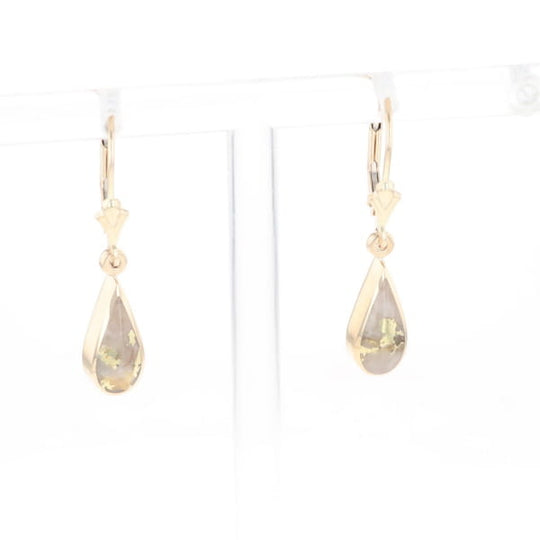 Gold Quartz Earrings Tear Drop Inlaid Lever Backs - G3