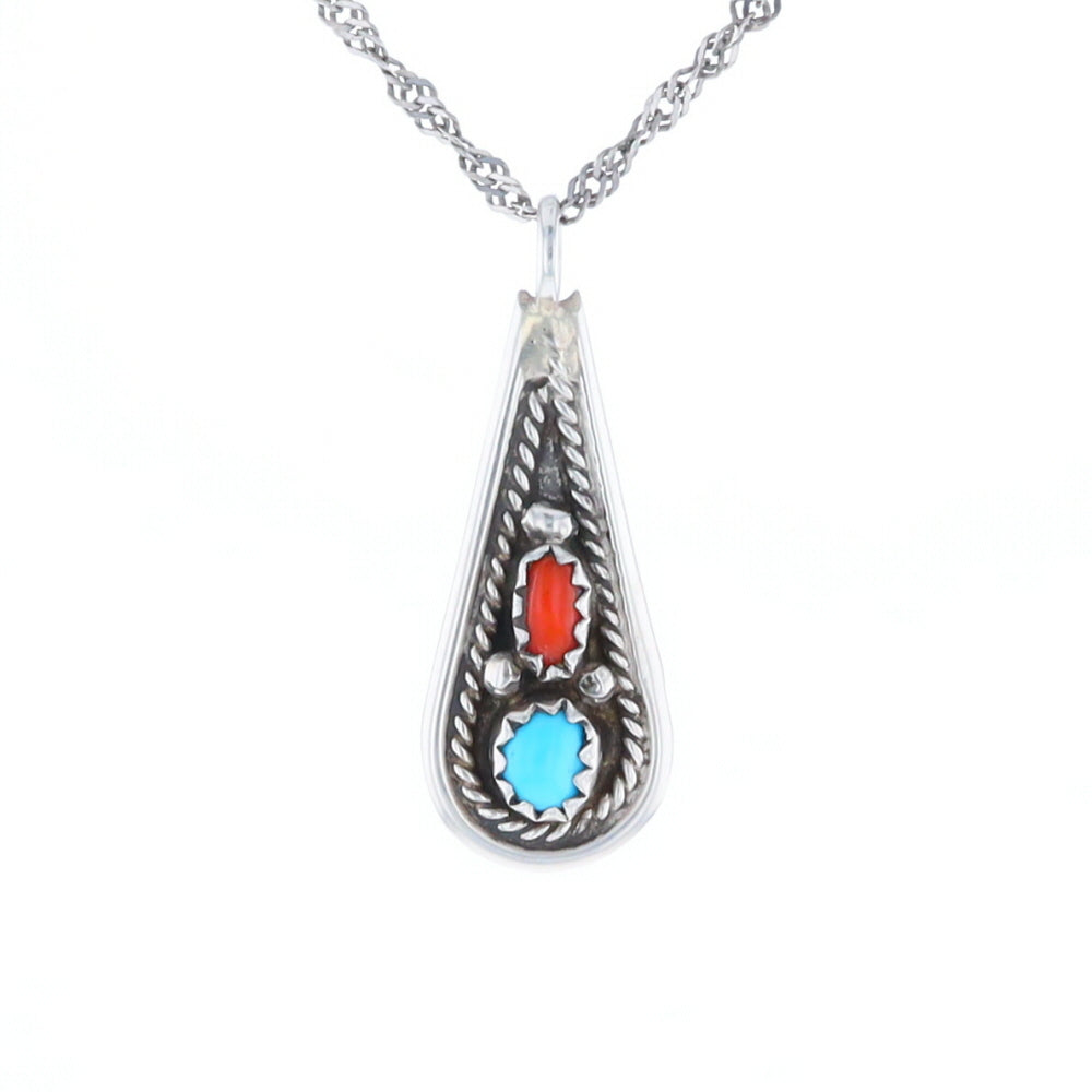 Native Turquoise & Coral Teardrop Pendant