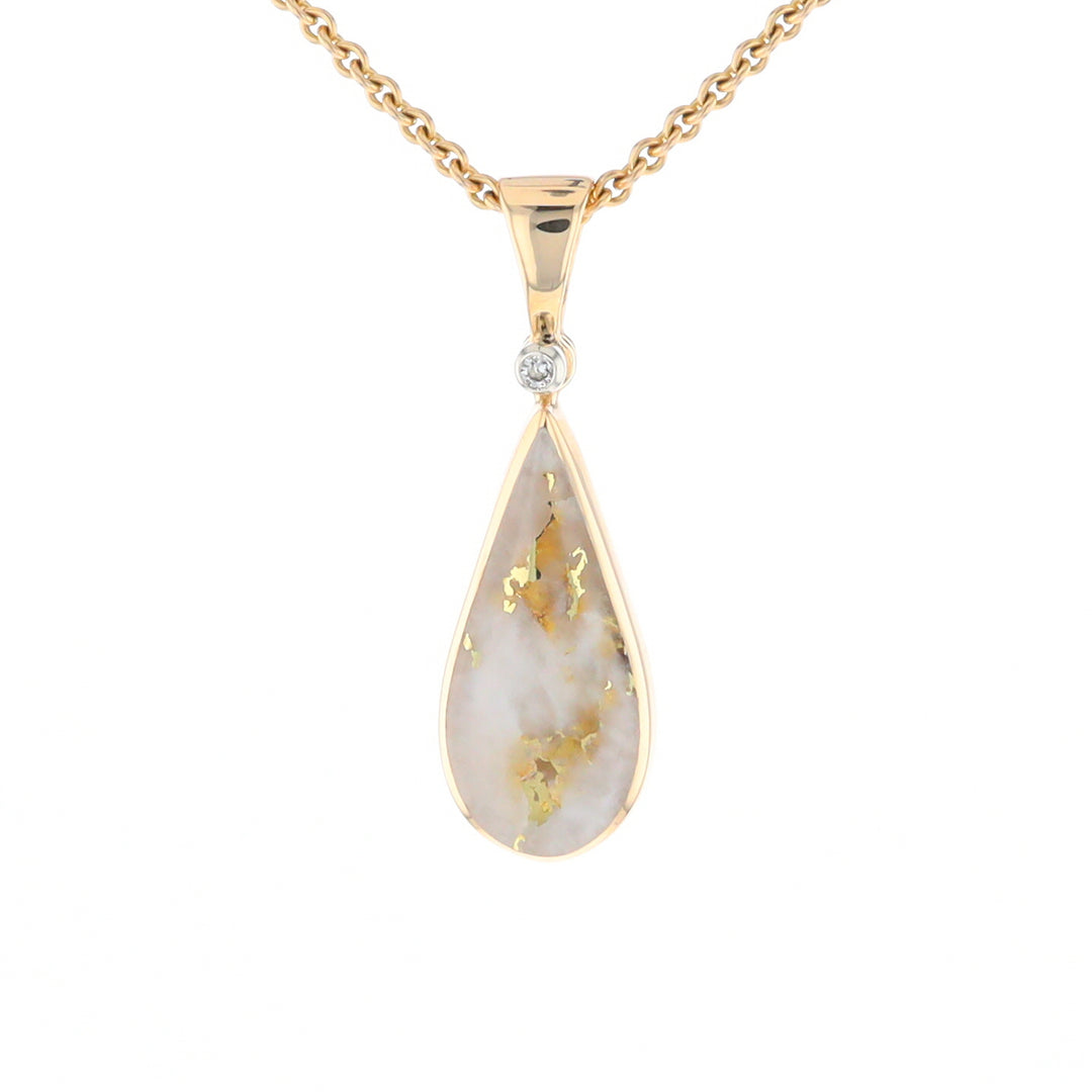 Gold Quartz Necklace Tear Drop Inlaid Pendant with .02ct Diamond