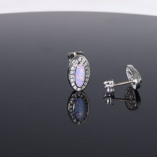 Opal Earrings Oval Inlaid with .25ctw Round Diamond Halo Studs