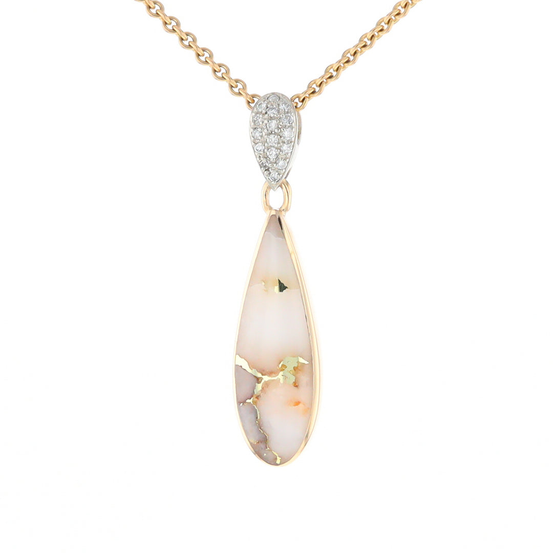 Gold Quartz Necklace, Tear Drop Inlaid Design with .11ctw Diamond Pave Pendant