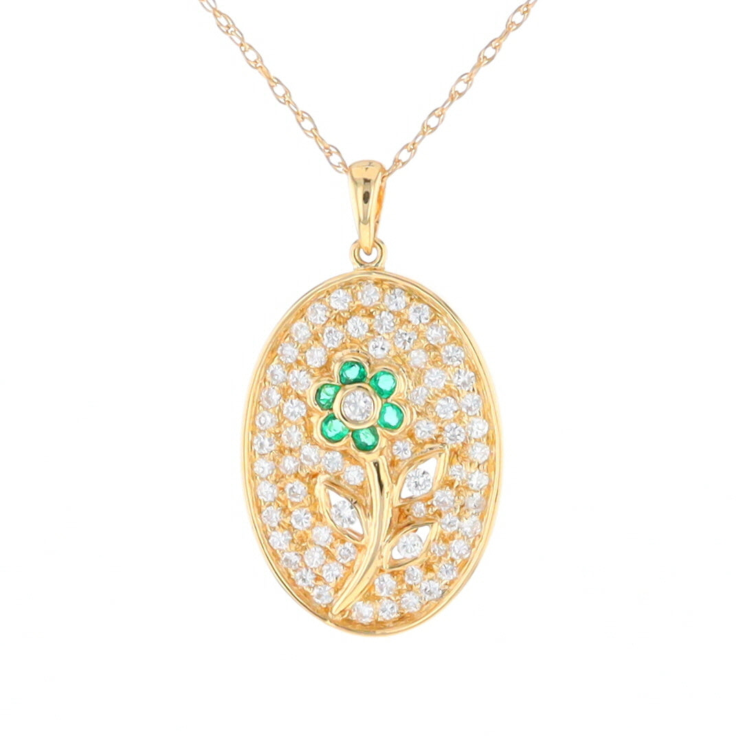 Emerald and Diamond Encrusted Oval Flower Pendant