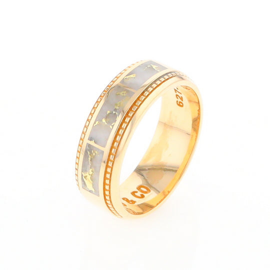 Gold Quartz Ring 3 Section Rectangle Inlaid Milgrain Border Band