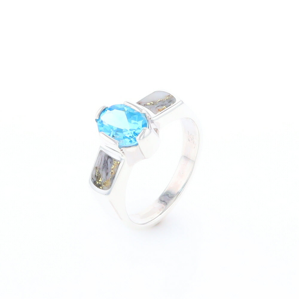 Sterling Silver Gold Quartz Inlaid Oval Blue Topaz Ring - G3