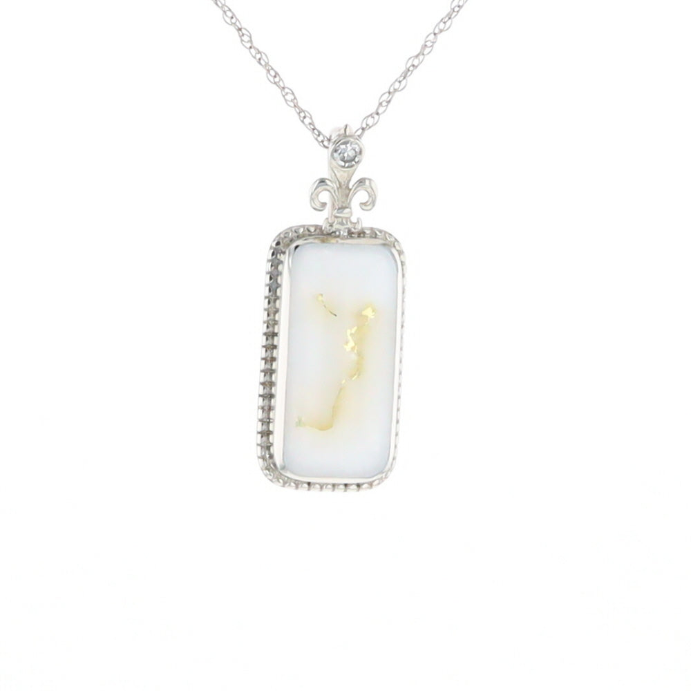 Gold Quartz Necklace, Rectangle Inlaid Fleur De Lis Design with .02ctw Diamond Pendant