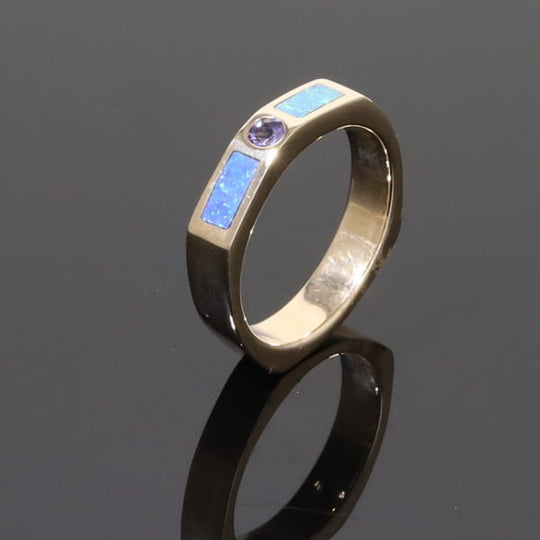 Opal Rings 2 Section Inlaid Design with Round Tanzanite