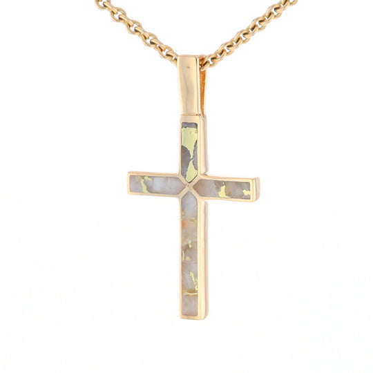 Gold Quartz Necklace 4 Section Inlaid Design Cross Pendant