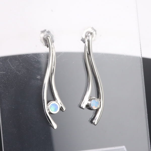 Opal Earrings Round Inlaid Double Curved Bar Design Studs