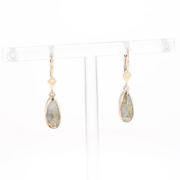 Gold Quartz Earrings Tear Drop Inlaid Lever Backs