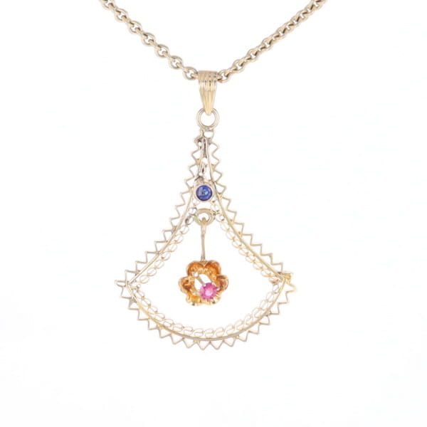 Vintage Buttercup Dangle Ruby Scrollwork Pendant