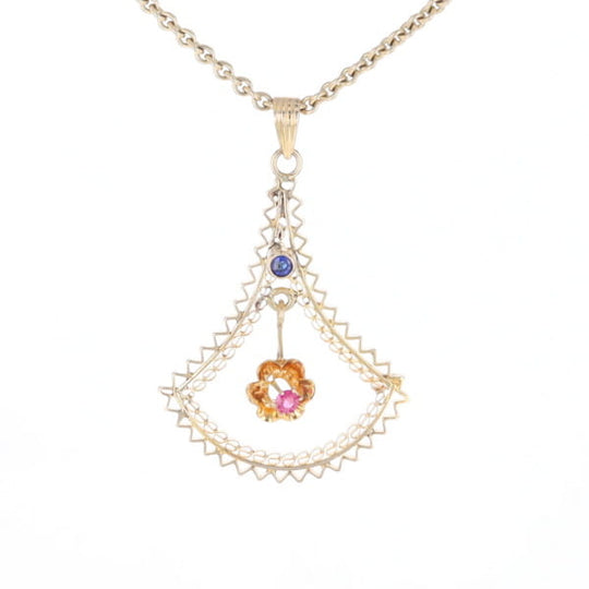 Vintage Buttercup Dangle Ruby Scrollwork Pendant