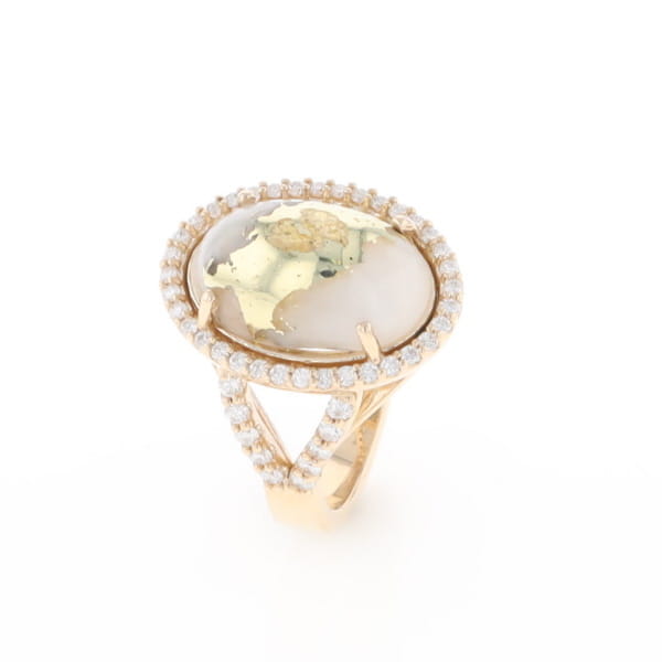 Gold Quartz Ring Oval Cabochon 0.65ctw Round Diamonds Halo