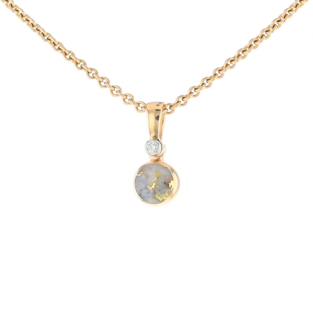 Gold Quartz Necklace Round Inlaid Pendant with .02ct Round Diamond