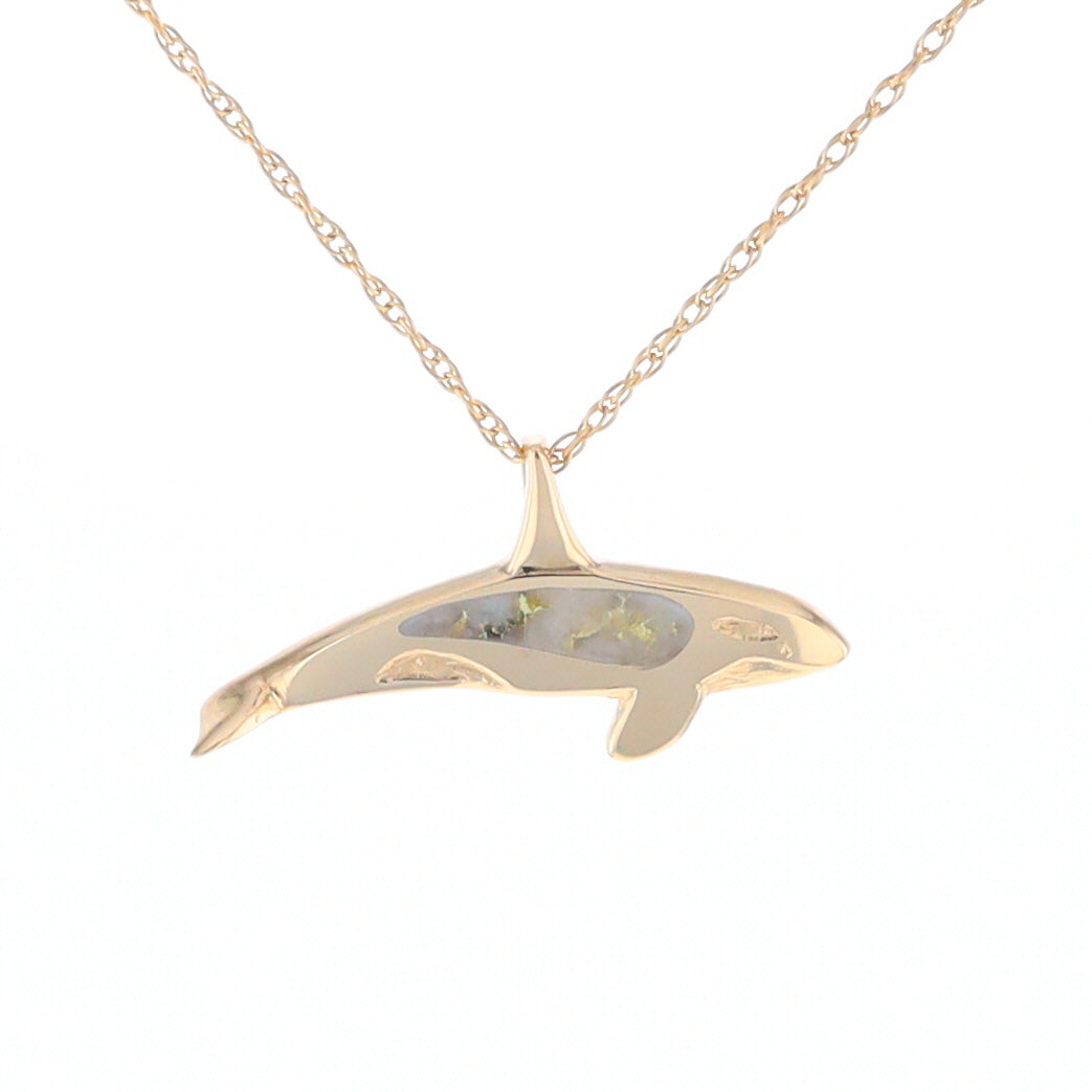 Gold Quartz Necklace Orca Killer Whale Inlaid Sea Life Pendant