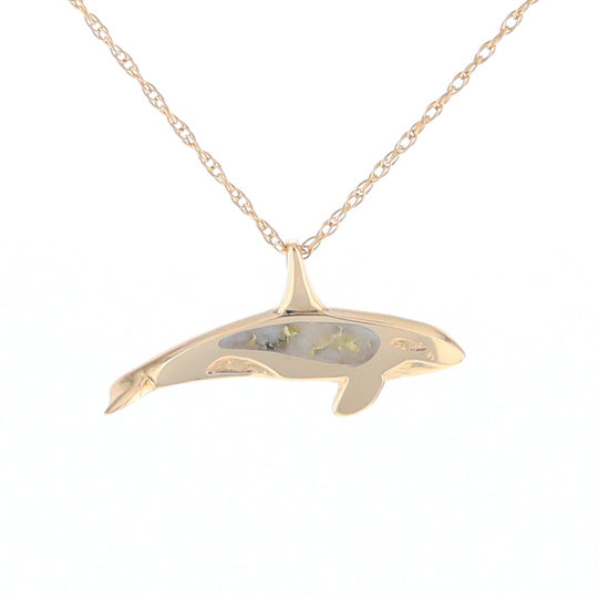 Gold Quartz Necklace Orca Killer Whale Inlaid Sea Life Pendant