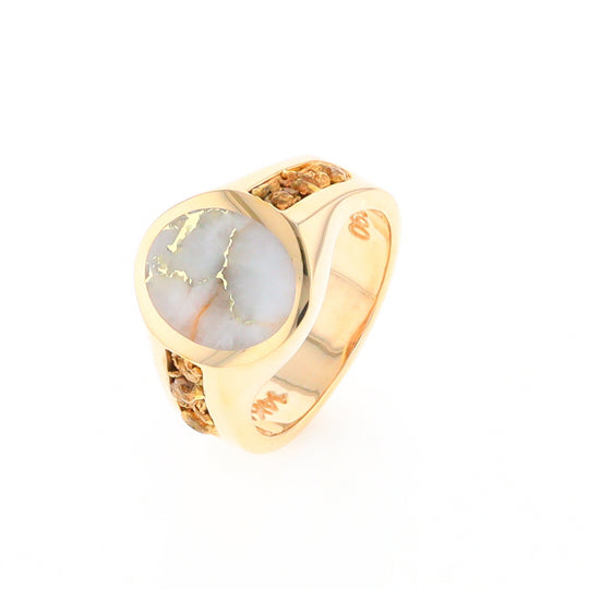 Oval Gold Quartz Inlaid Ring with Natural Gold Nuggets G2 Quality