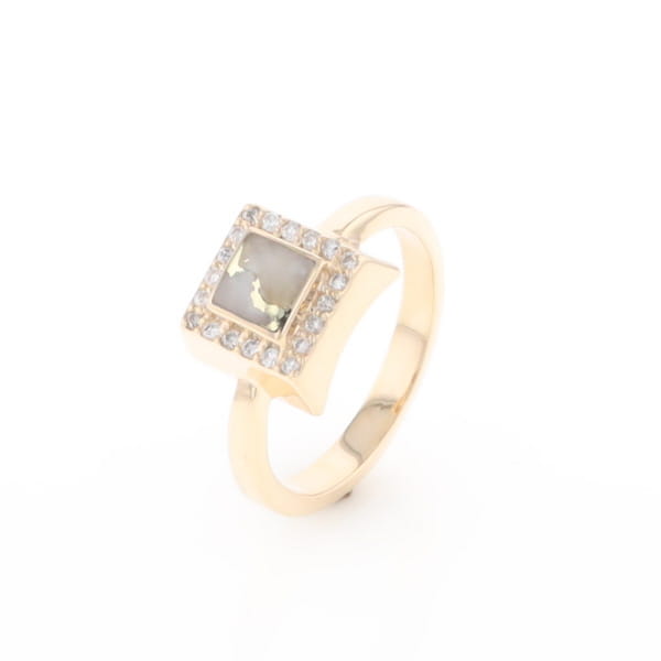 Gold Quartz Ring Square Inlaid Halo .14ctw Diamonds Design