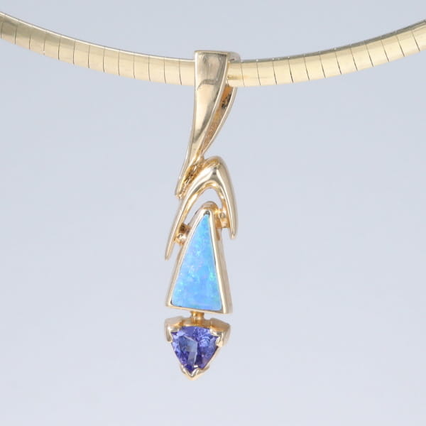 Opal Pendant Triangle Inlaid Design with Trillion Cut Tanzanite