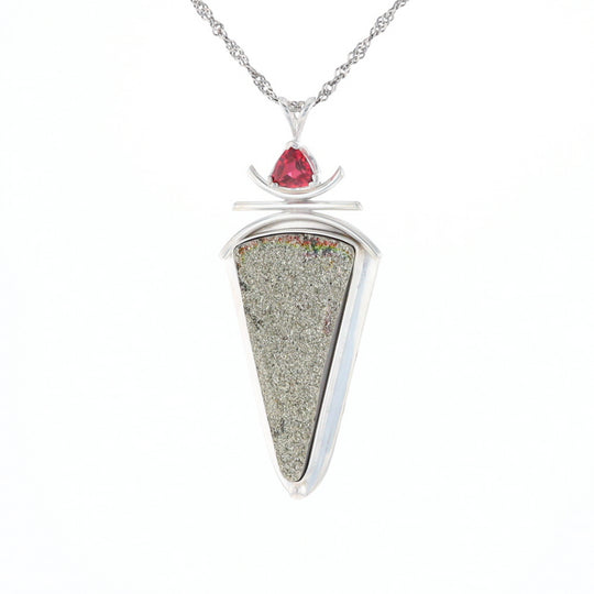 Druzy Quartz & Pink Trillion Tourmaline Pendant