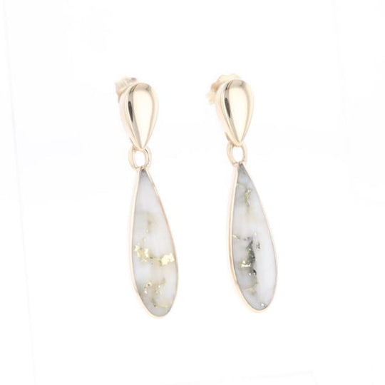 Gold Quartz Earrings Tear Drop Inlaid Design