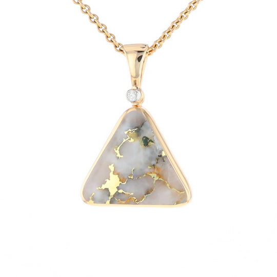 Gold Quartz Necklace Triangle Inlaid Pendant with .02ct Diamond