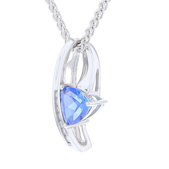 Synthetic Sapphire White Gold Ribbon Pendant with Diamond Accents