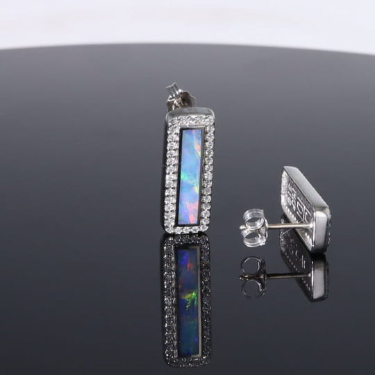 Opal Earrings Rectangle Inlaid with .50ctw Round Diamond Halo Studs
