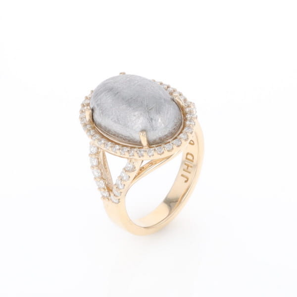 Meteorite Ring Oval Cabochon 0.65ctw Round Diamonds Halo