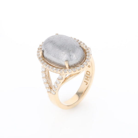 Meteorite Ring Oval Cabochon 0.65ctw Round Diamonds Halo