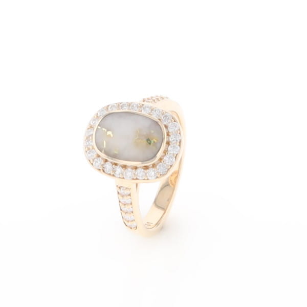 Rectangular Gold Quartz Inlaid Ring with 0.65ctw Diamond Halo