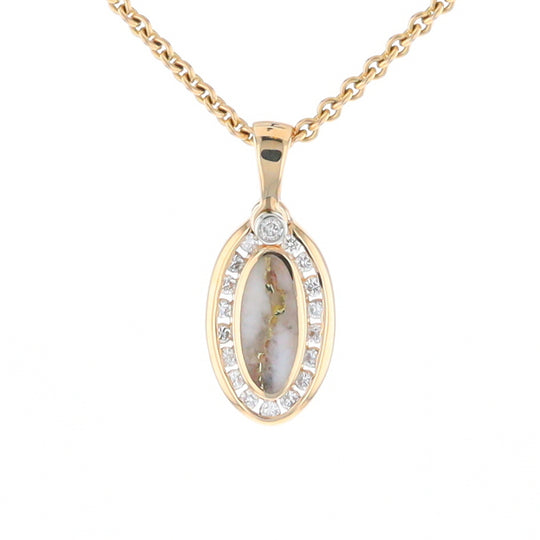 Gold Quartz Pendant Oval Inlaid with .22ctw Round Diamonds Halo