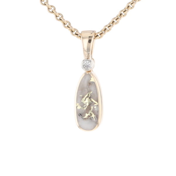 Gold Quartz Necklace Pear Shape Inlaid Pendant with .02ct Diamond