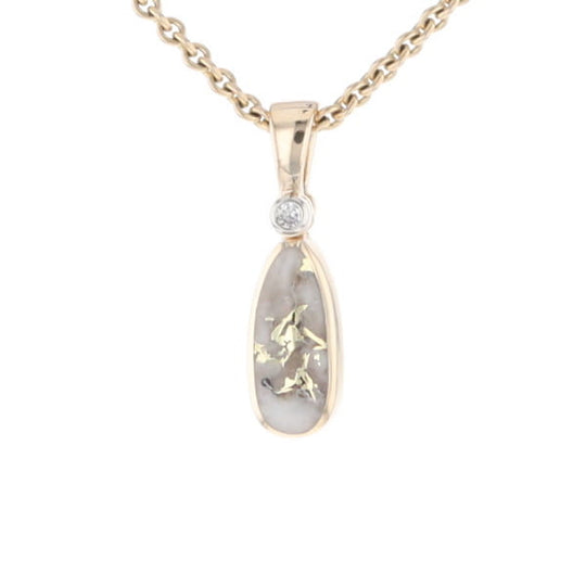 Gold Quartz Necklace Pear Shape Inlaid Pendant with .02ct Diamond