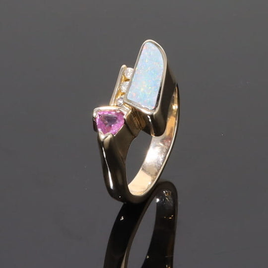 Opal Rings Geometric Inlaid with Pink Sapphire and .08ctw Diamonds